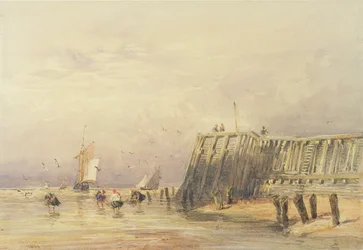 Zeegezicht met zeilende schuiten en figuren wadend aan de kust, 1832
